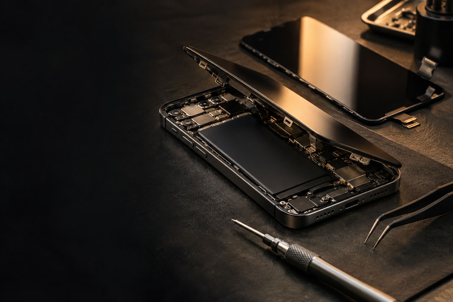 Imagem ilustrativa de smartphone e componentes em uma bancada de reparo